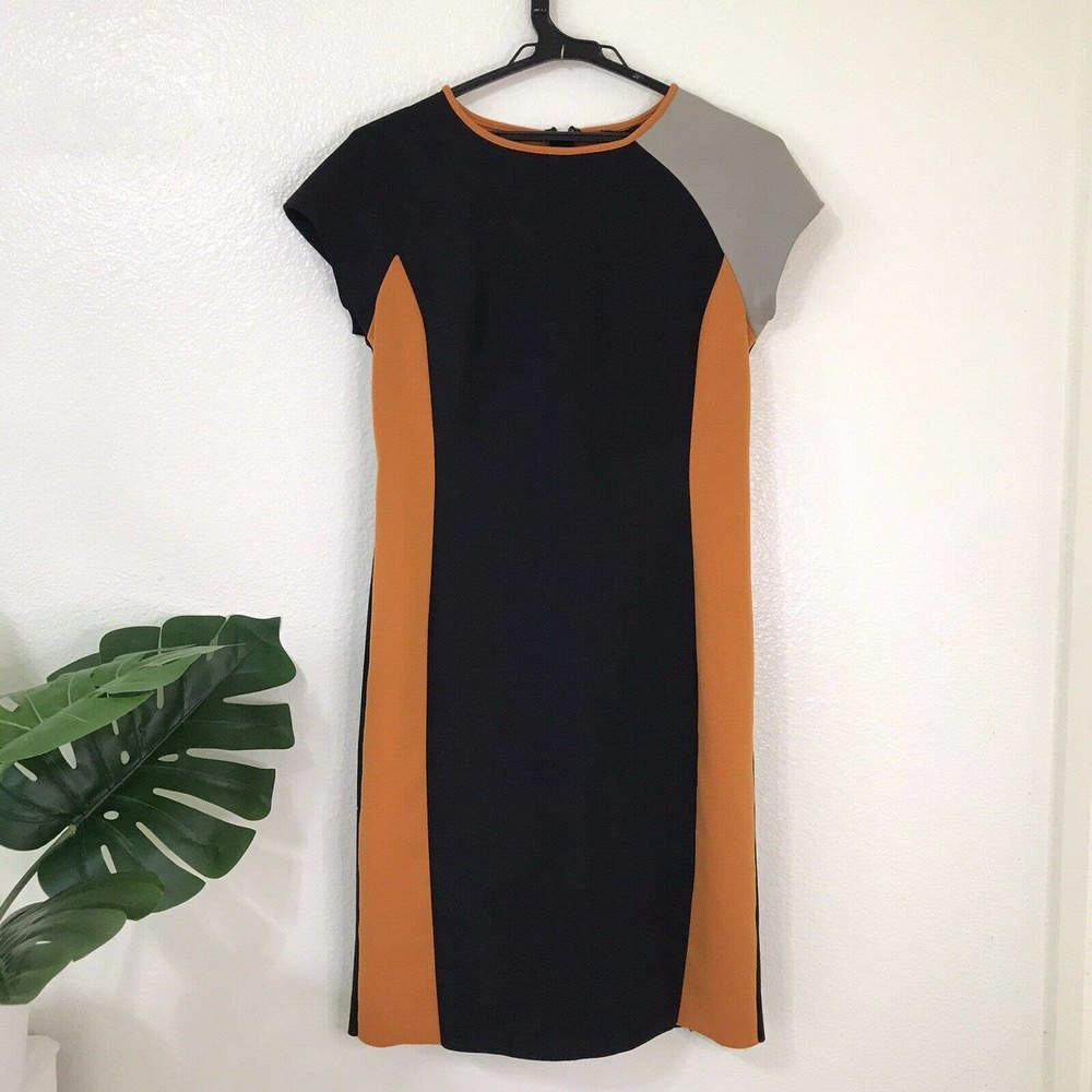 Rickie Freeman Teri Jon Orange Black Colorblock Scuba Sheath Career Work Modest
